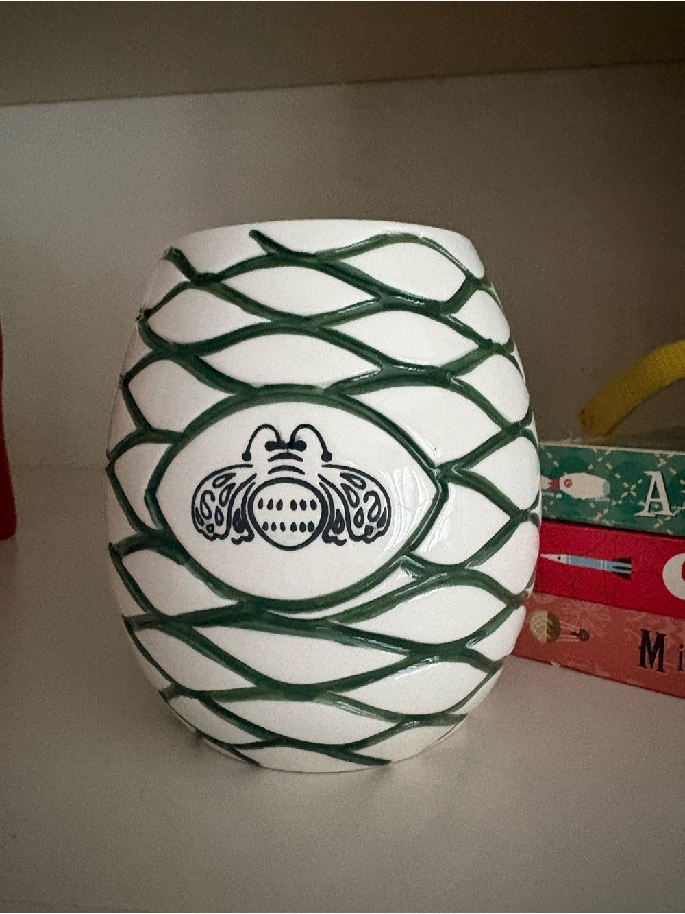 Patron Tequila White Ceramic green beehive Cup with Green Lattice and Bee Emblem